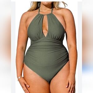 Women's One Piece,  Size 1X tummy control, plus swim‎ suit  in  military green